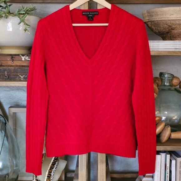 Ralph Lauren Black Label Cashmere Cable-Knit Sweater – Red V-Neck, 100% Cashmere - Picture 1 of 9